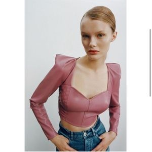 NEW Zara Size M MARSALA Pink Faux Leather Puff Sleeve Crop Top
